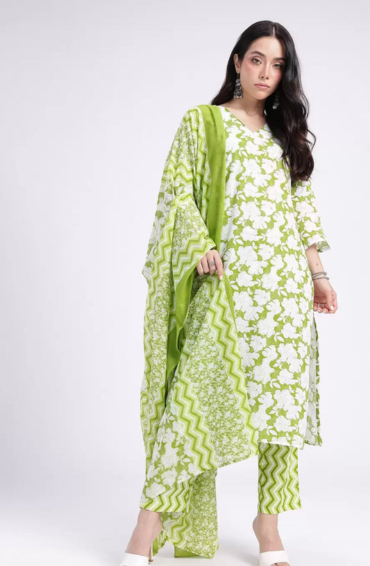 Cotton green suit with pant and dupatta