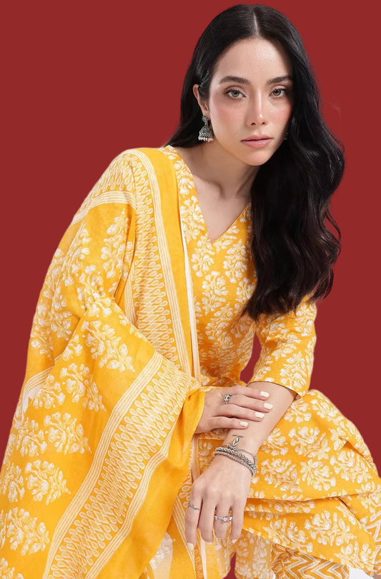 Cotton yellow suit with pant and dupatta
