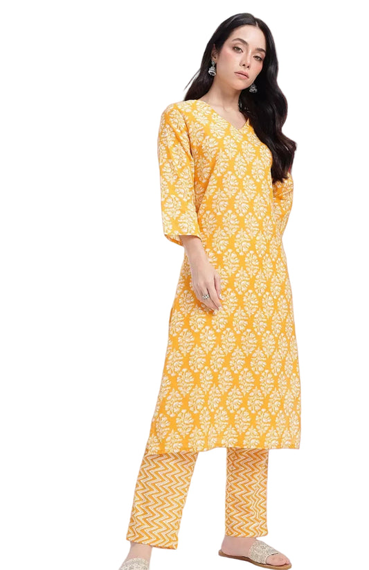 Cotton yellow suit with pant and dupatta