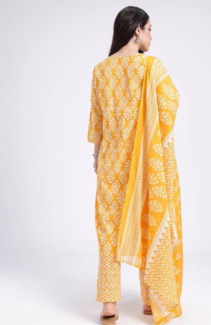Cotton yellow suit with pant and dupatta