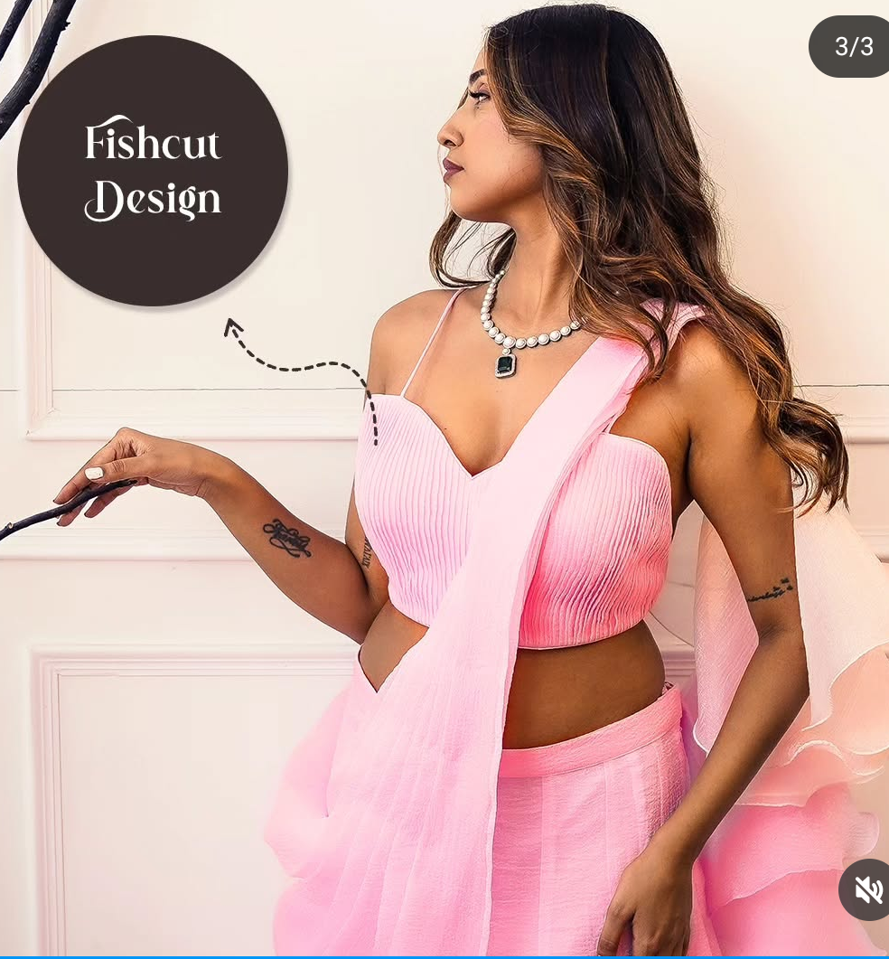 Pink-White Fishcut Draped saree with stitched blouse