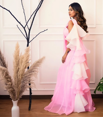 Pink-White Fishcut Draped saree with stitched blouse