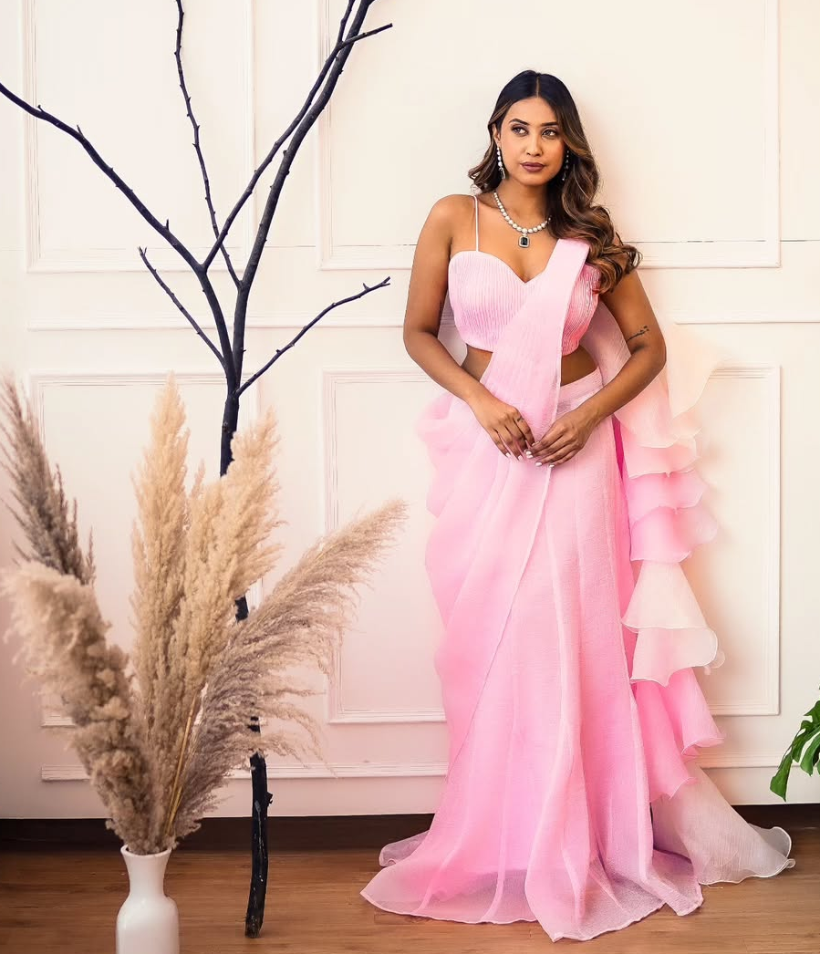 Pink-White Fishcut Draped saree with stitched blouse