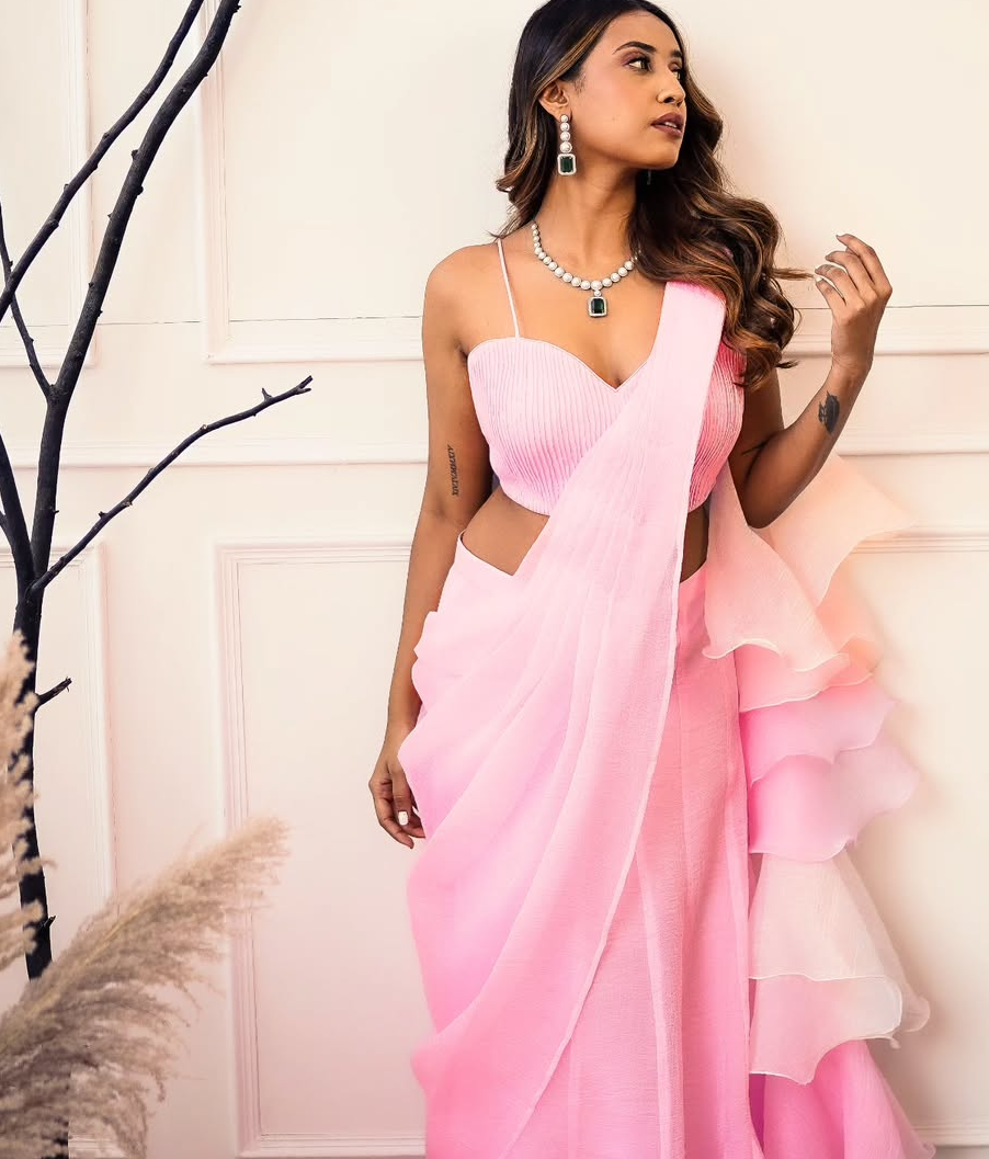 Pink-White Fishcut Draped saree with stitched blouse