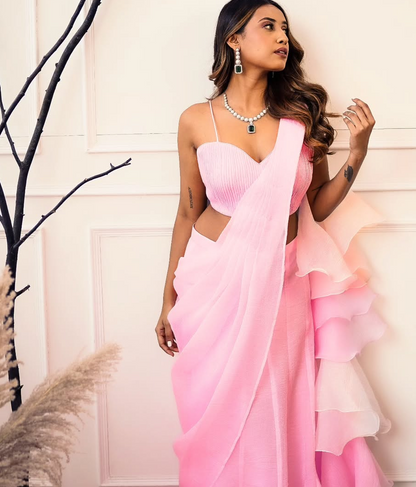 Pink-White Fishcut Draped saree with stitched blouse