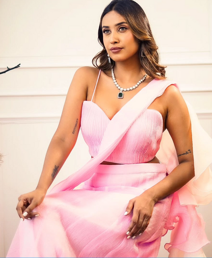 Pink-White Fishcut Draped saree with stitched blouse