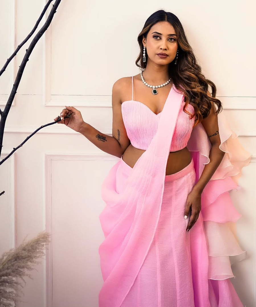 Pink-White Fishcut Draped saree with stitched blouse