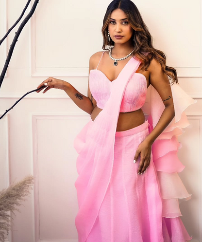 Pink-White Fishcut Draped saree with stitched blouse