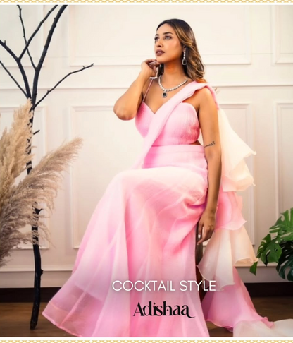 Pink-White Fishcut Draped saree with stitched blouse