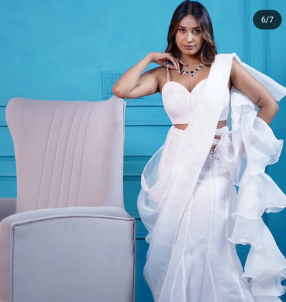 White Fishcut Draped saree with stitched blouse